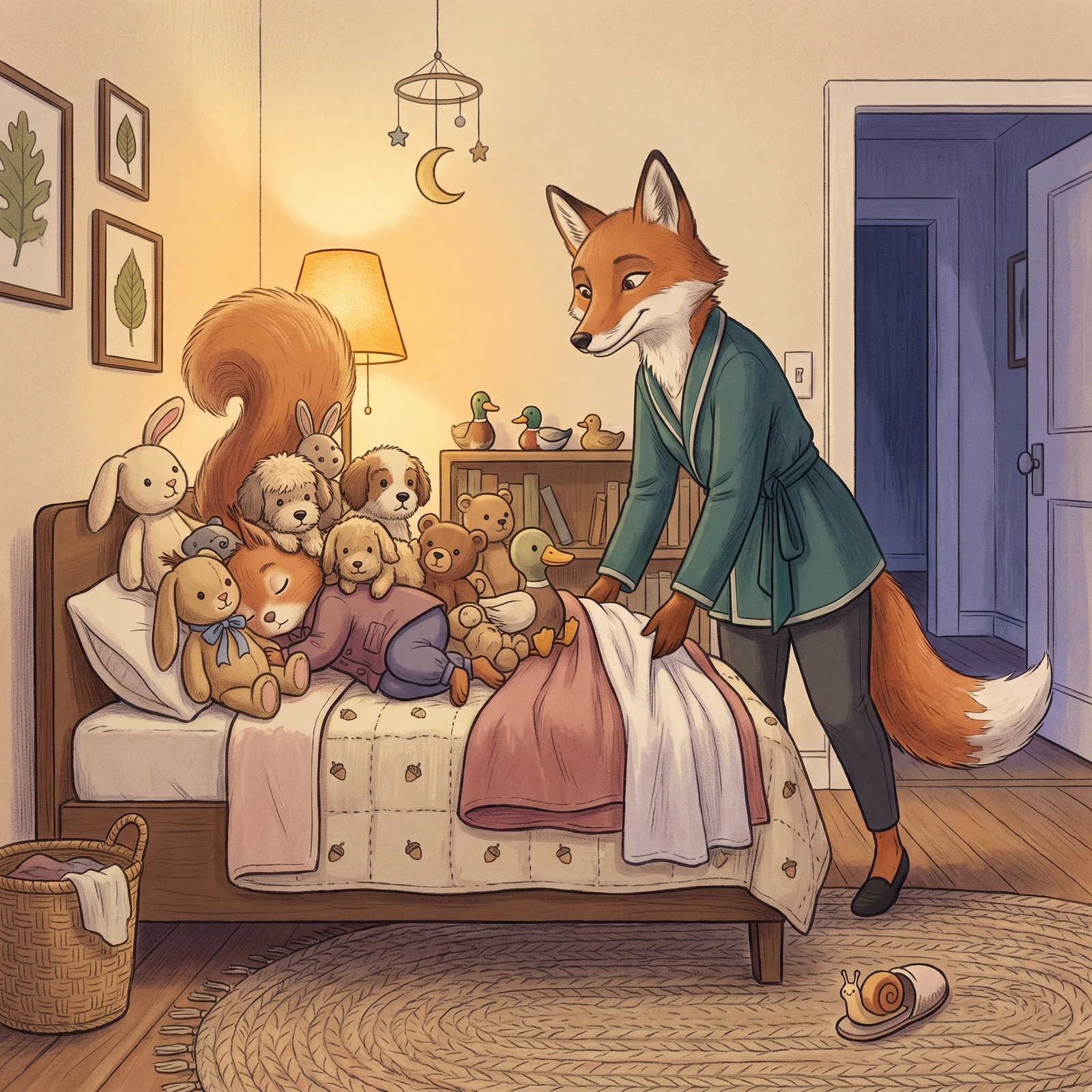 Dena fox searches for Aurelia squirrel beneath a comical crowd of stuffed animals on the bed.