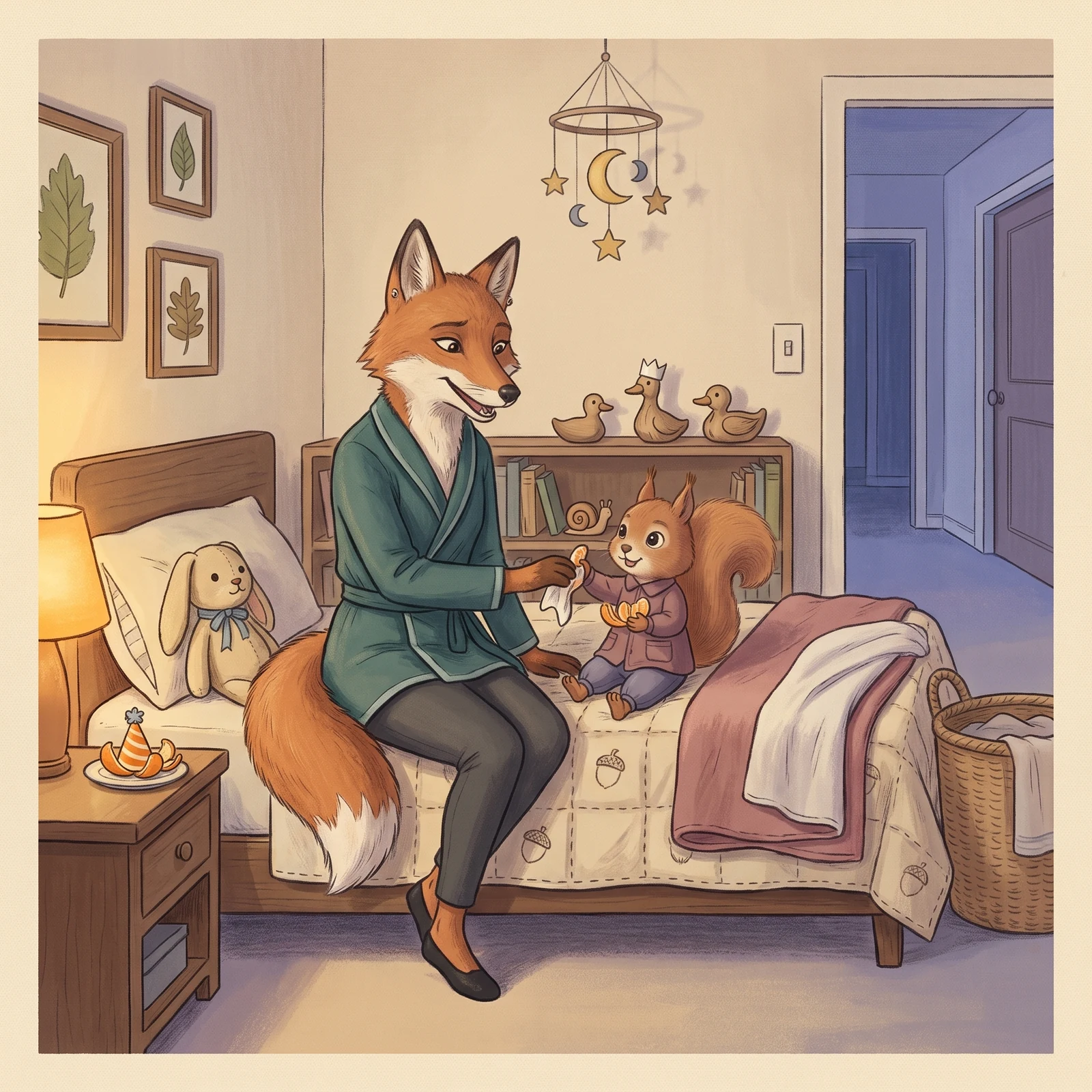Aurelia proudly holds her second orange while Dena wipes sticky paws in the warm bedroom.