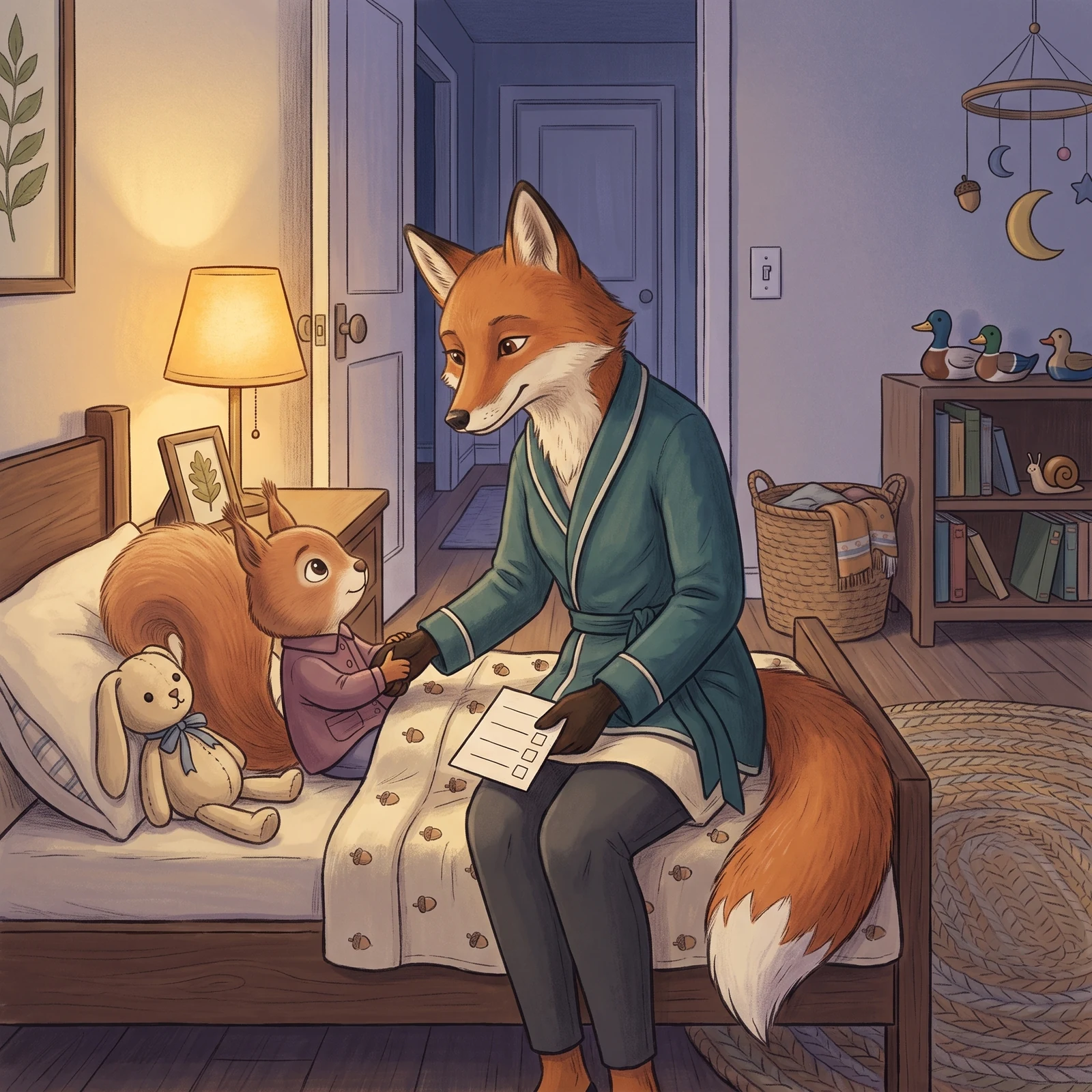 Aurelia holds Dena’s paw with both hands beside the bed.