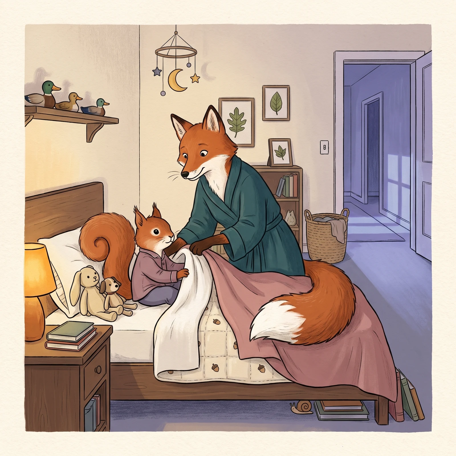 Dena tucks two blankets around Aurelia while several stuffed animals wait nearby.