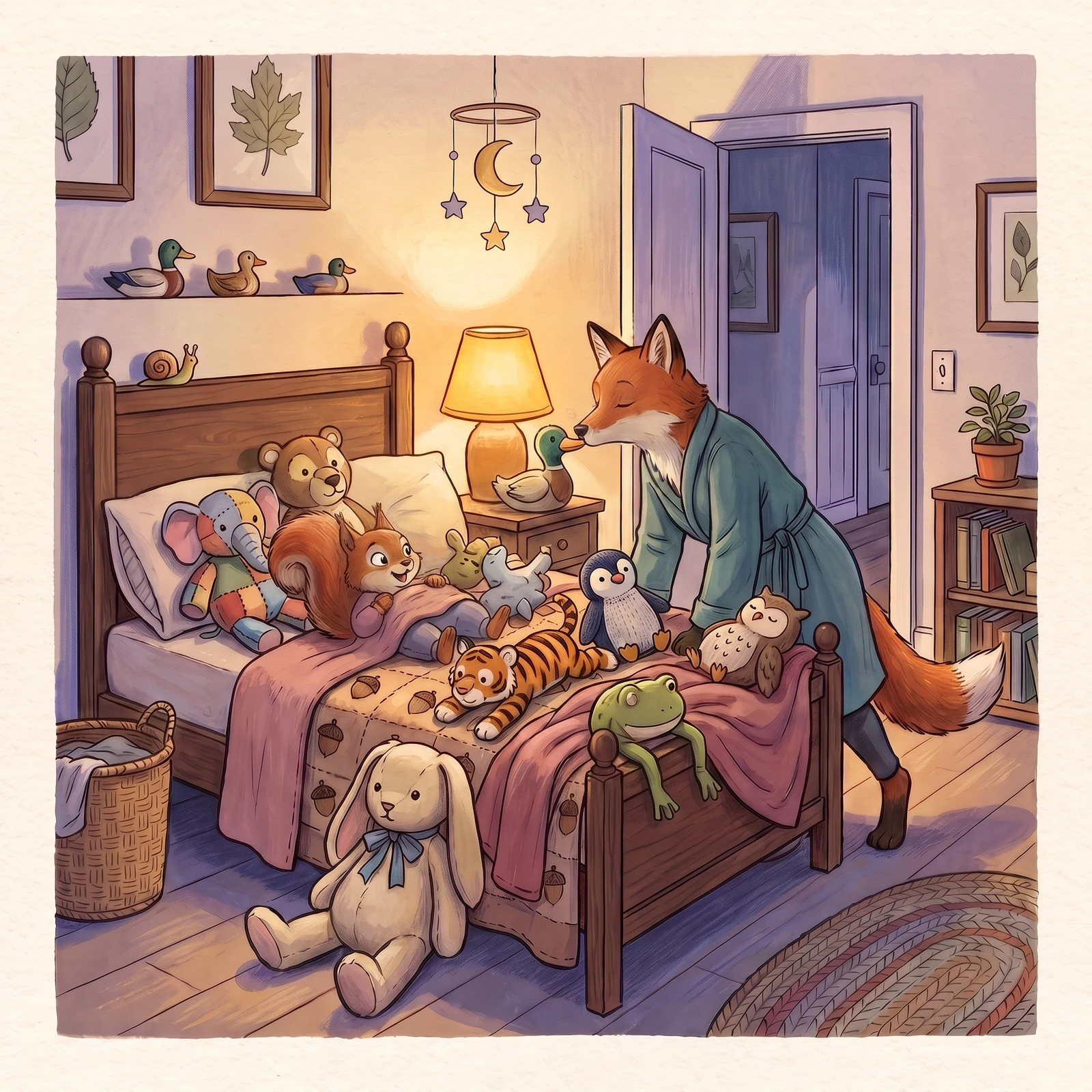 Dena accidentally kisses a toy duck while awake Aurelia peeks through a crowded bed of toys.