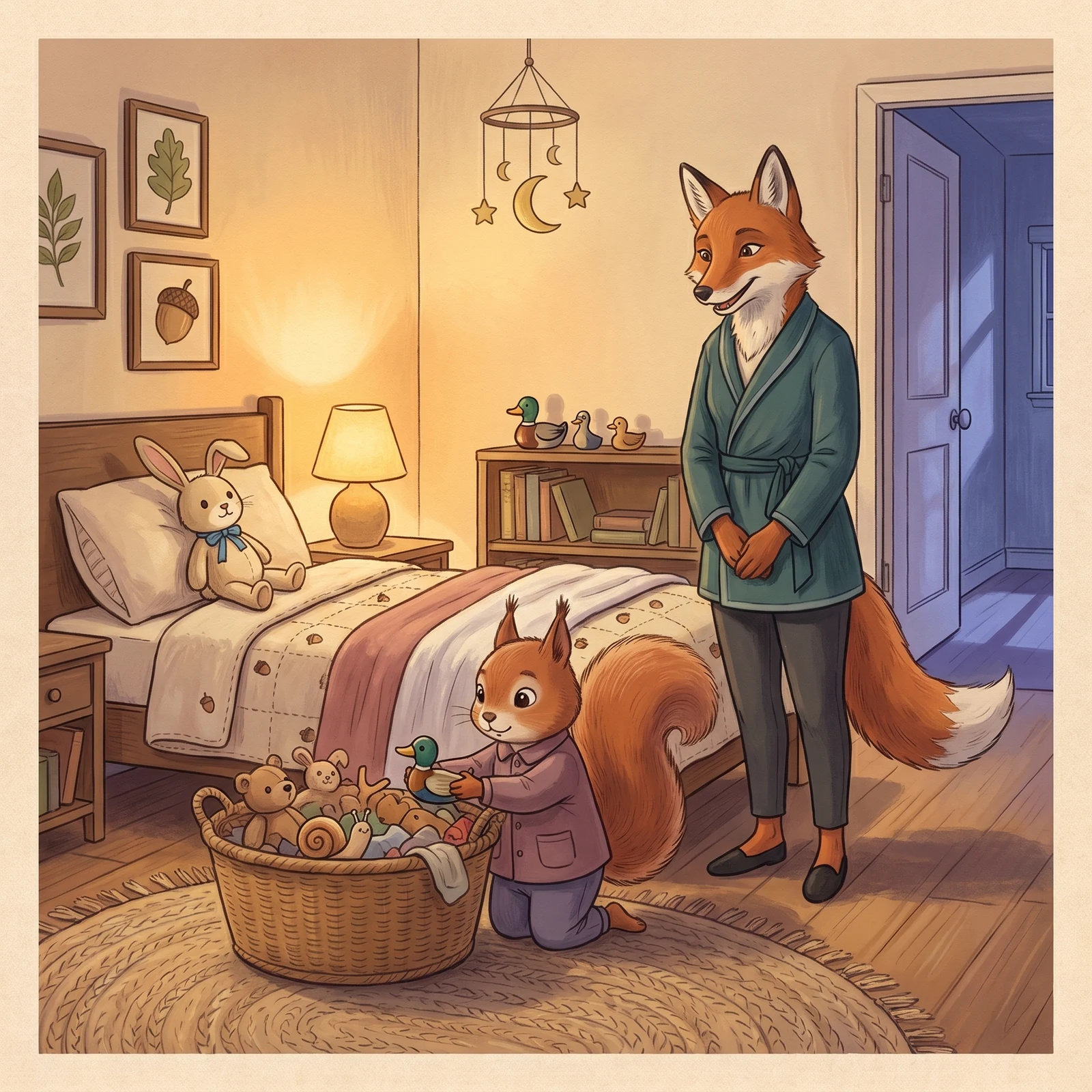 Aurelia places the stuffed animals into their own bedtime basket while Dena watches.