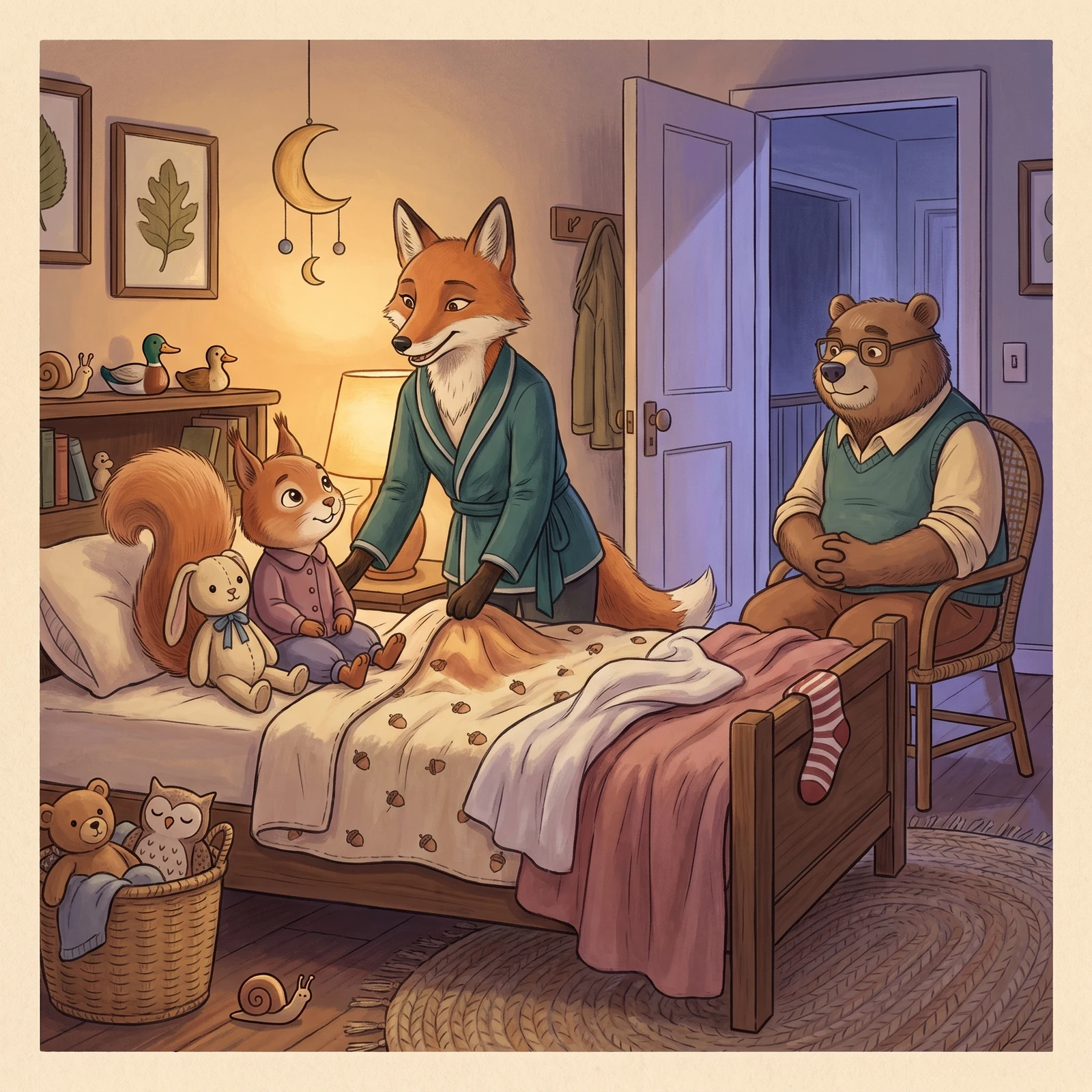 Dena returns her paw to the saved place while Aurelia and Bunny wait and Nick sits quietly nearby.