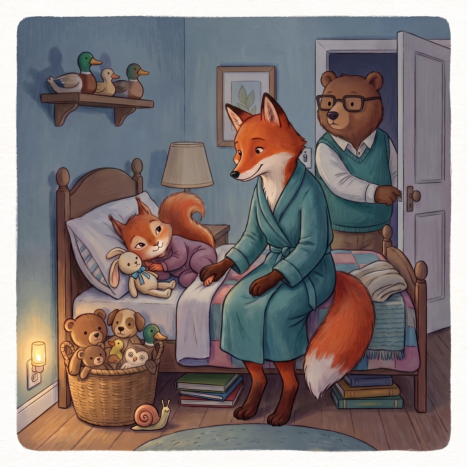 Awake Aurelia rests her head on the clear pillow beside Bunny while holding Dena’s paw; the other toys remain in their basket and Nick switches off the lamp by the open door.